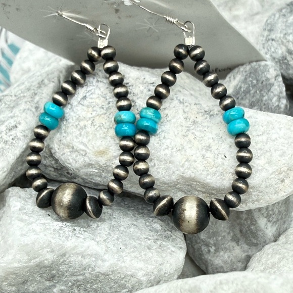Sterling Silver Navajo Pearl Turquoise Dangle Earrings 2” Southwest Style - Picture 4 of 11